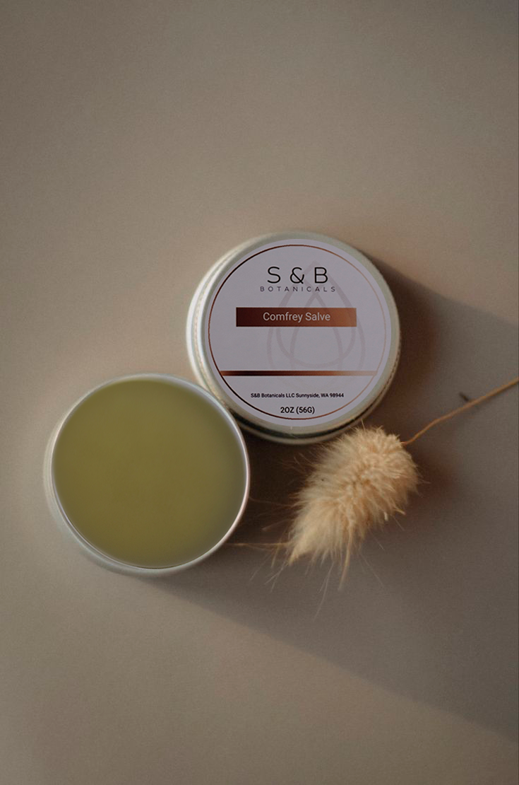 Comfrey salve 2 oz tin styled in flat lay with natural herbal skincare aesthetic and clean background