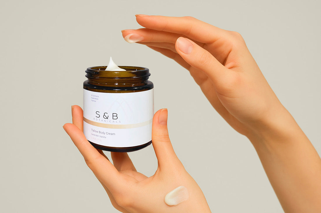grass-fed tallow face cream in glass jar natural skincare product