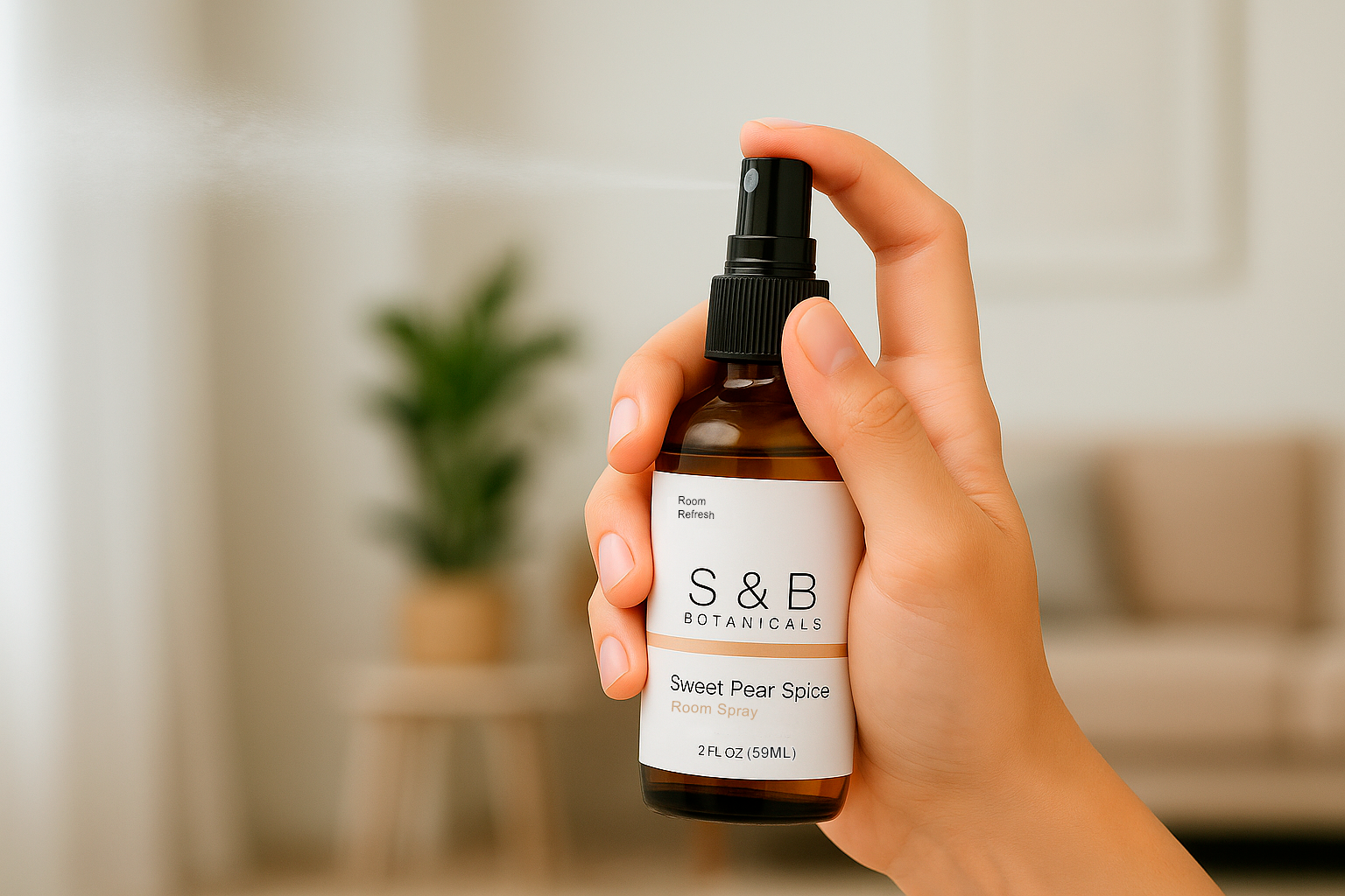 Hand holding and spritzing S&B Botanicals Room Spray amber glass bottle in bright home setting with greenery in background, clean phthalate-free fragrance mist for bedrooms, linens, and more​​​​​​​​​​​​​​​​