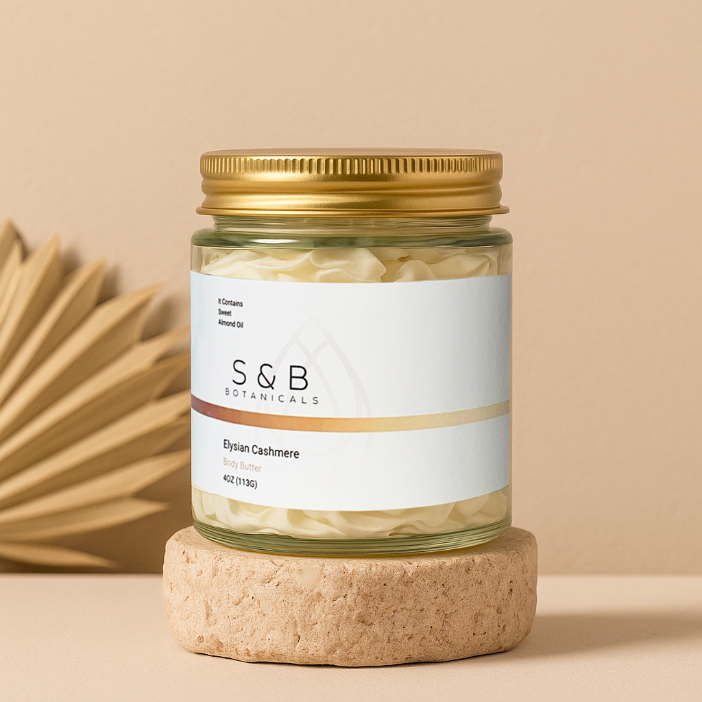 Calendula body butter in glass jar styled in flat lay with clean natural skincare aesthetic and minimal background
