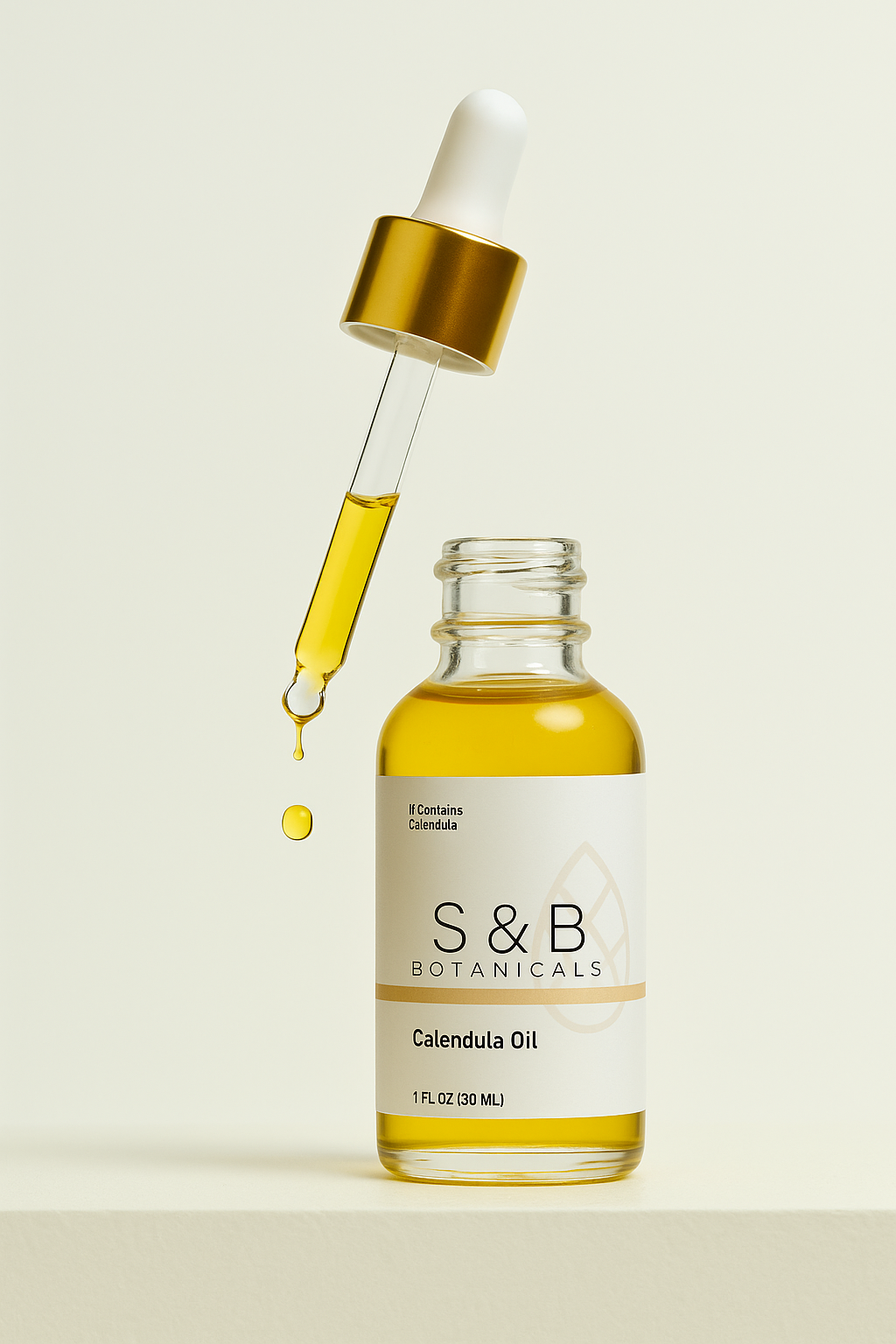 Calendula herbal face oil dropper showing lightweight golden botanical oil