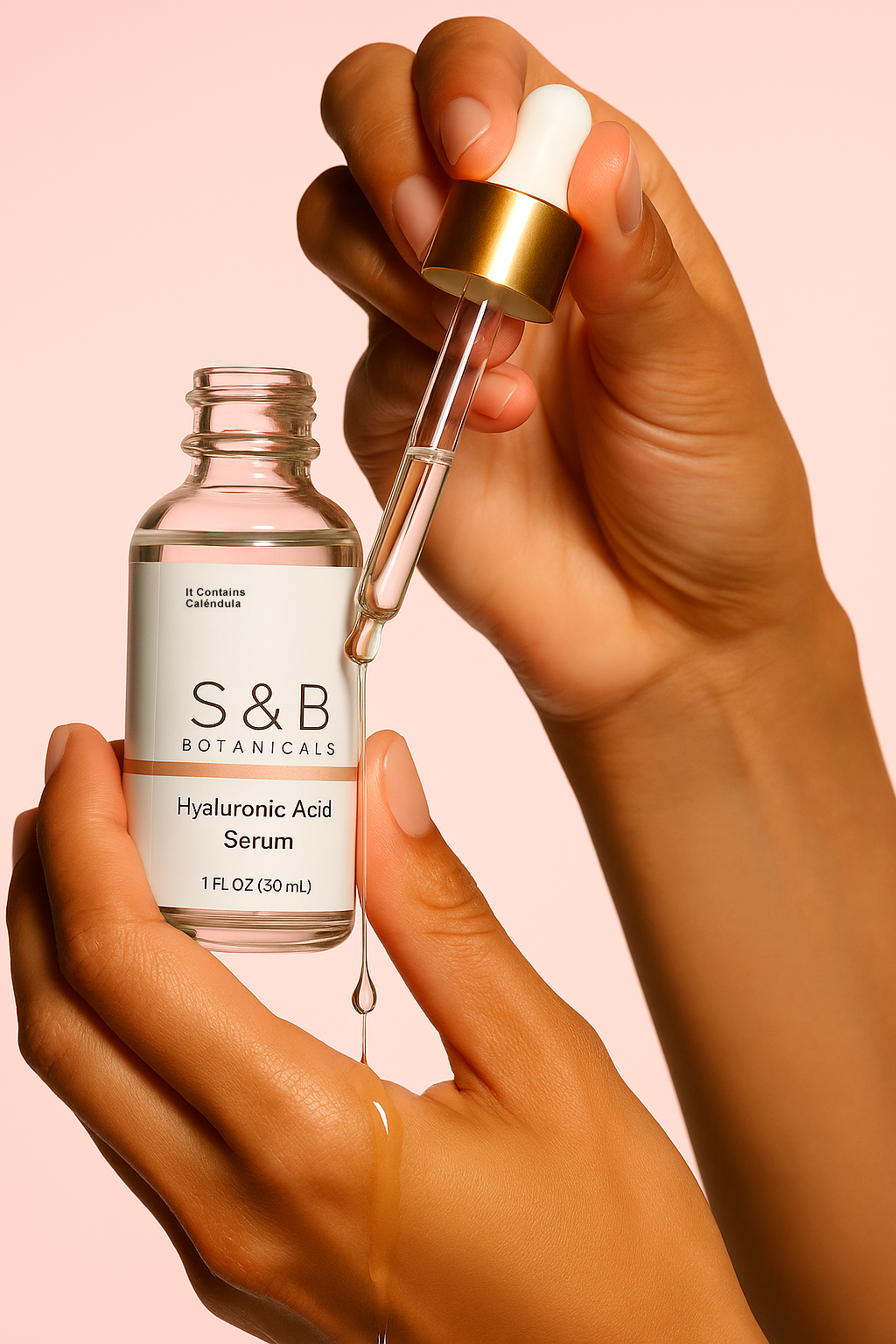 Lightweight non-greasy calendula hyaluronic acid face serum by S&B Botanicals — absorbs instantly into skin