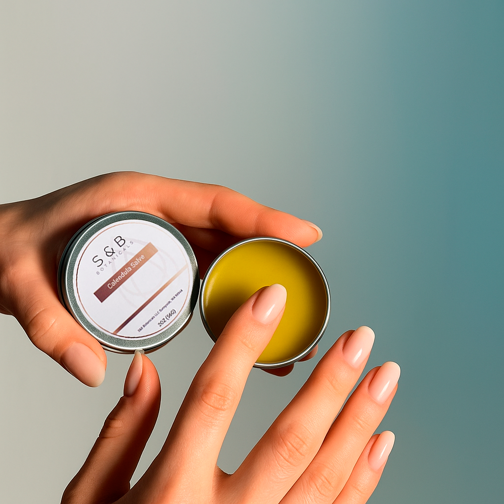 Calendula salve 2 oz tin held in hand showing size and packaging of natural herbal balm