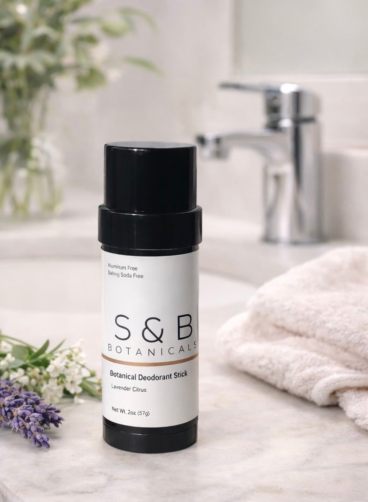 Handmade natural deodorant stick crafted in Washington by S&B Botanicals