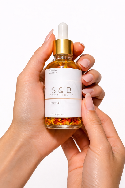 Hand holding lavender body oil dropper bottle natural botanical skincare oil for soft glowing skin