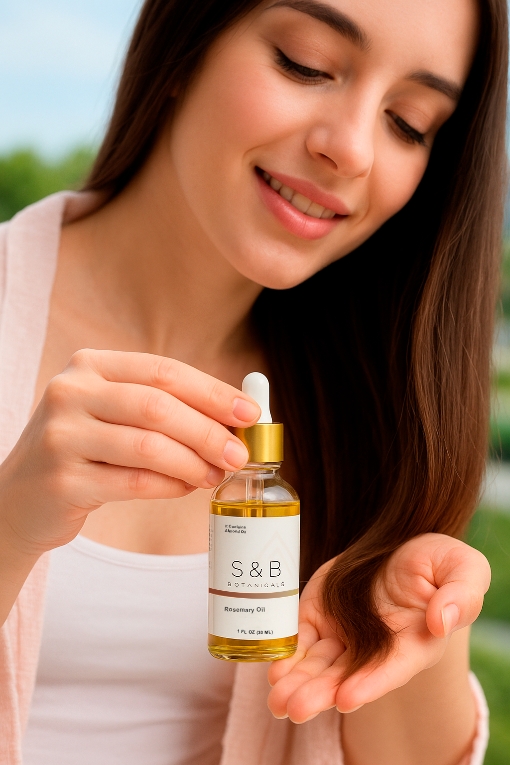 Rosemary peppermint hair oil dropper showing lightweight botanical oil texture for scalp and hair
