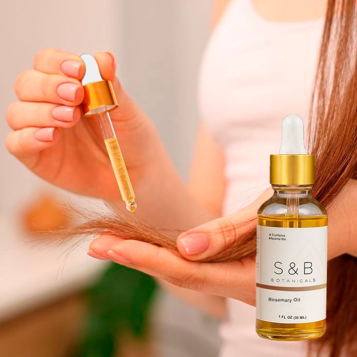 Hand holding rosemary peppermint hair oil natural herbal infused oil for scalp and hair care